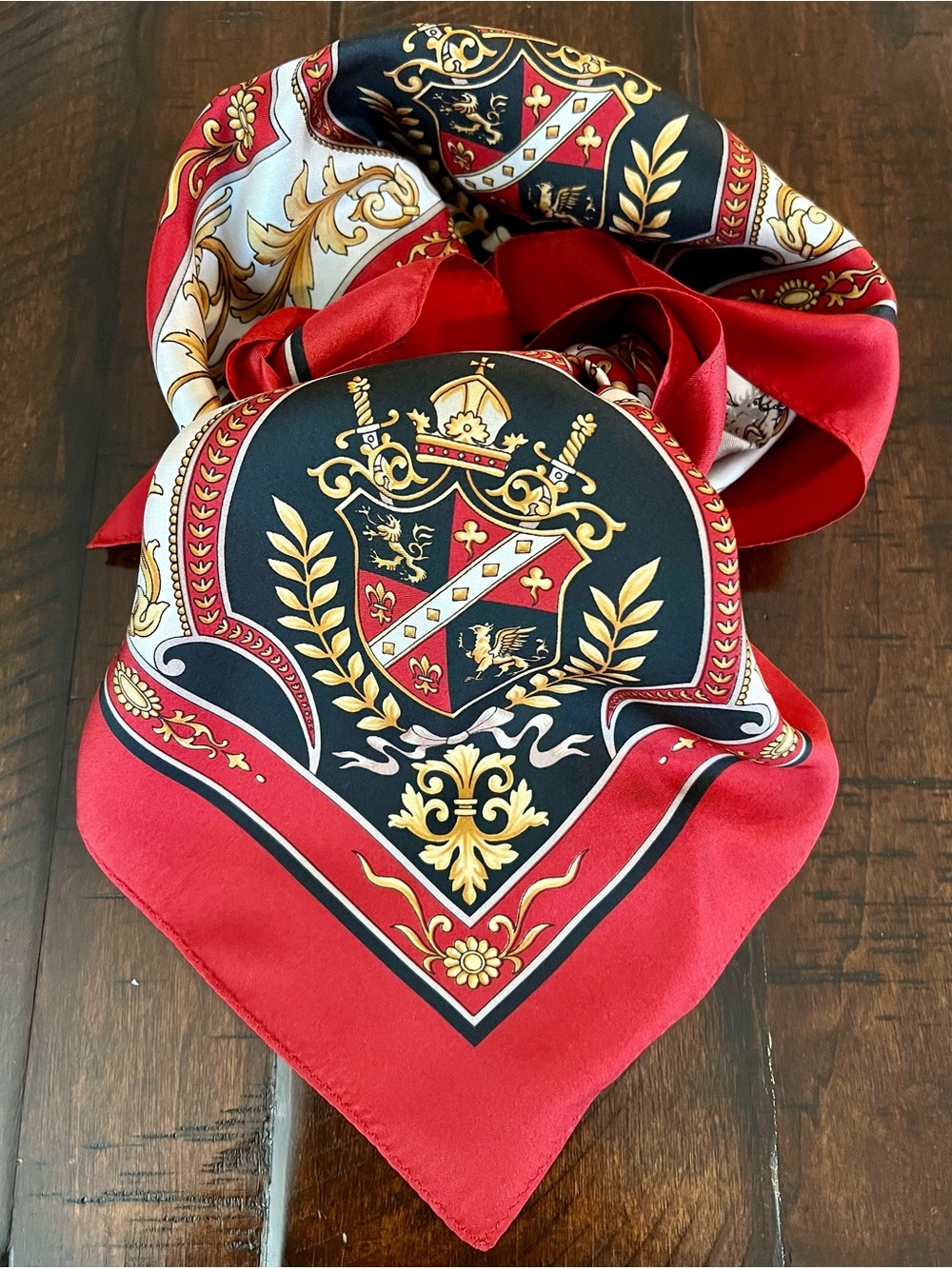 Talbots 100% Silk Equestrian Crest Scarf Red Black Gold 31” Square - Picture 2 of 12